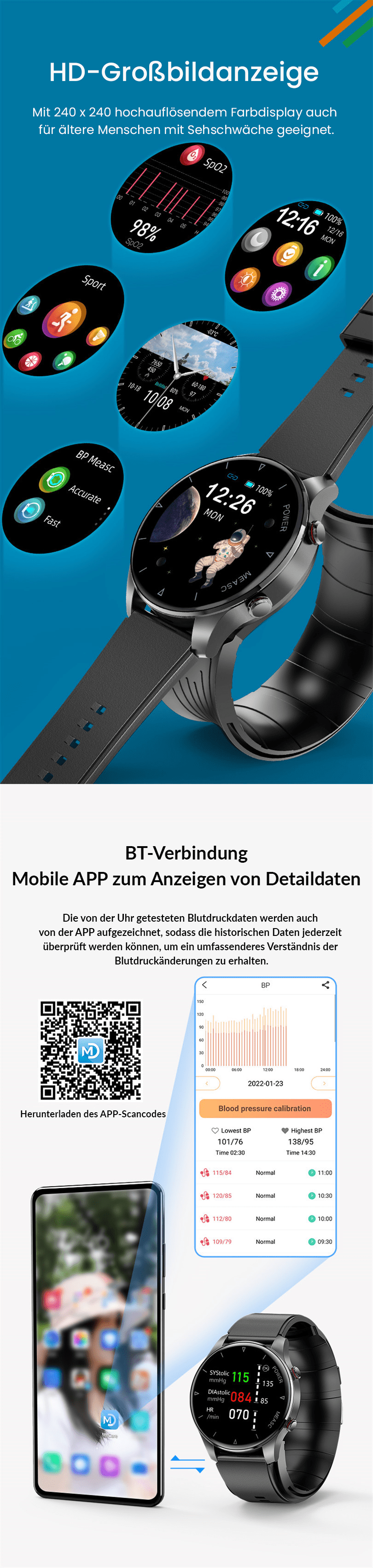 Mediwatch Pro® - Blutdruck Sauerstoff Blutzucker genaue Überwachungs - Smartwatch